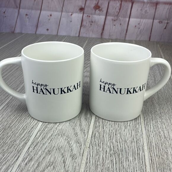 Threshold "Happy Hanukkah" 16oz White Stoneware Coffee Mug - Lot of 2 - Picture 1 of 5